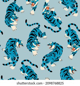 Abstract blue Tiger. Tiger walk. Japanese or Chinese oriental style. Hand drawn colored Vector illustration. Print, logo, poster template. Square seamless Pattern. Background, wallpaper