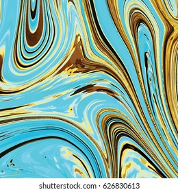 Abstract blue tile, marbled background, vector turquoise texture with golden streaks