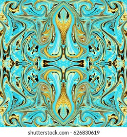 Abstract blue tile, marbled background, turquoise texture with golden streaks, vector seamless pattern