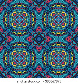 Abstract blue tiled grunge geometric vector ethnic tribal pattern