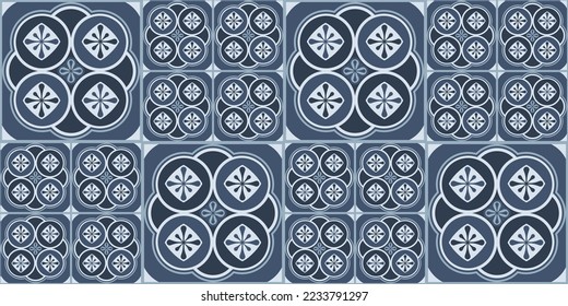 Abstract blue tiles. Striped circles, suitable for textile or wallpaper. Seamless pattern for interior design and stylish print. For pillows and other interior.