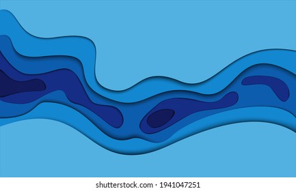 Abstract blue tone wave curve paper cut art 3D background vector illustration.