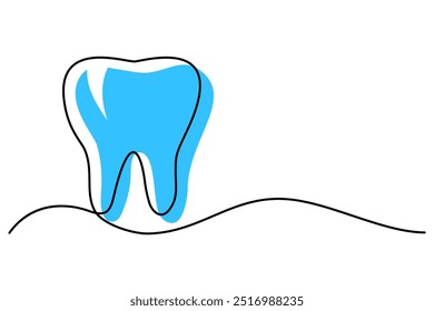 Abstract blue tooth design in continuous line art style, representing dental health, hygiene, or dentistry. Minimalistic and modern, ideal for illustrating dental care, oral health, or dental services