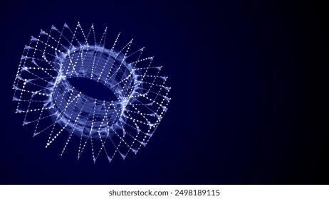 Abstract blue torus with blue dots and lines. 3D futuristic vector geometric wireframe shape. Technology network connection big data. Science background. Twist objects in dark cyberspace.