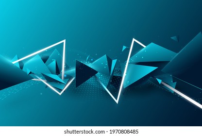 Abstract blue triangle floating diffusion with white laser lines in Futuristic technology digital hi-tech concept. 3d vector illustration