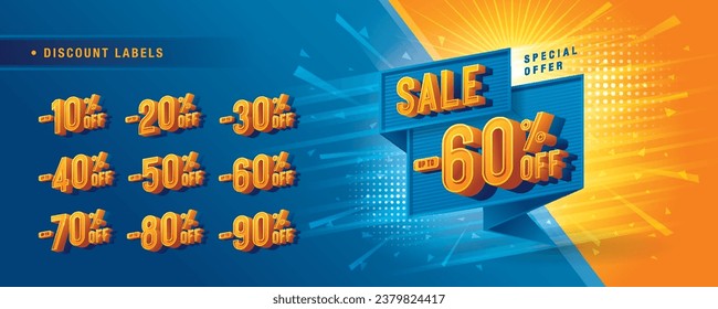 Abstract Blue triangle Splash offer Sale Discount labels design, Sale and discount labels, Condensed Font, Discount tags collection with percent set, 50%, 60%, 70 percent sale promotion. Price off tag