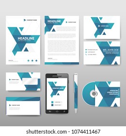 Abstract Blue triangle Stationery set, annual report leaflet flyer template, business banner and business card template for website