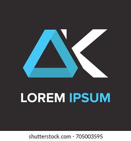 Abstract blue triangle vector illustration logo, sign, emblem for your company, identity, card with letter K. 