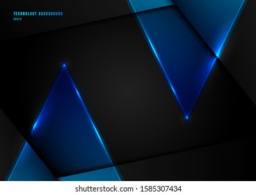 Abstract blue triangles with lighting laser on black background with space for your text. Technology concept. Vector illustration
