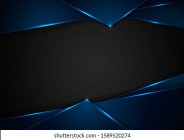 Abstract blue triangles with lighting laser on black background with space for your text. Technology concept. Vector illustration