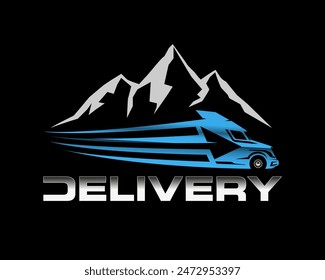 Abstract Blue Truck Delivery Logo Design with Big Mountains on Black Background	