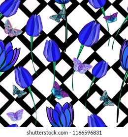 Abstract blue tulips and butterflies, elements on geometric background, seamless pattern