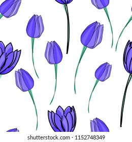 
Abstract blue tulips, elements on white background, seamless vector pattern