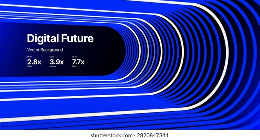 Abstract blue tunnel background with white curved stripes and smooth perspective. Flowing linear forms create depth, motion, and a futuristic digital space with a clean geometric aesthetic