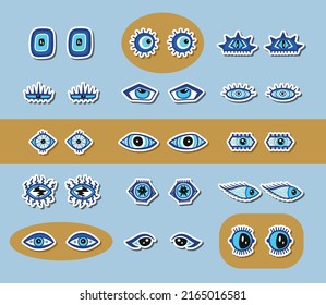 Abstract Blue Turkish Eye Sticker Set. Various Strange Evil and Funny, Comic and Bizarre Eyes Different Shapes in Trendy Psychedelic Weird Cartoon Style Sticky Label Collection. Vector illustration.