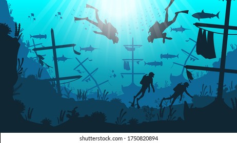 Abstract Blue Underwater Ocean Sea Nature Background Vector With Fish Shadows Seaweed DIvers And Ships