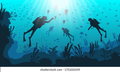 Abstract Blue Underwater Ocean Sea Nature Background Vector With Fish Shadows Seaweed DIvers