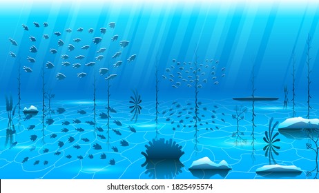Abstract Blue Underwater Ocean Sea Nature Background Vector With Fish And Shadows Seaweed Design Style