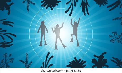 Abstract Blue Underwater Ocean Sea Nature Background Vector With Fish Shadows Seaweed DIvers