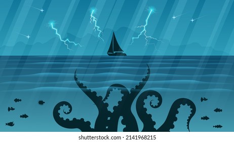 Abstract Blue Underwater Ocean Sea Nature Background Vector With Fishes, Tentacles, Lightning And Ship Vector Design Style