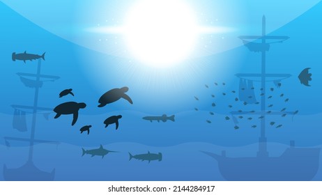 Abstract Blue Underwater Ocean Sea Nature Background Vector With Turtles, Fishes, Ships And Shadows Seaweed Vector Design Style