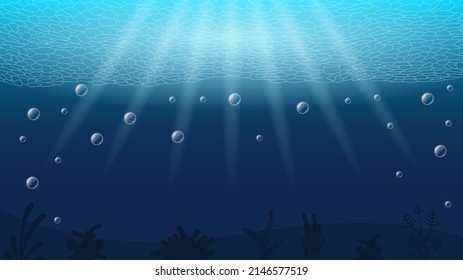 Abstract Blue Underwater Ocean Sea Nature Background Vector With Bubbles And Shadows Seaweed Vector Design Style