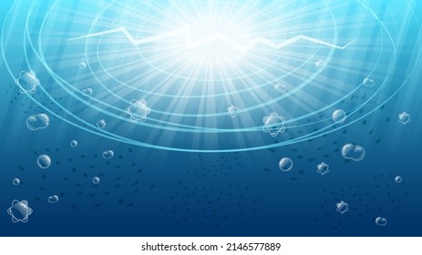Abstract Blue Underwater Ocean Sea Nature Background Vector With Bubbles, Fishes And Shadows Seaweed Vector Design Style