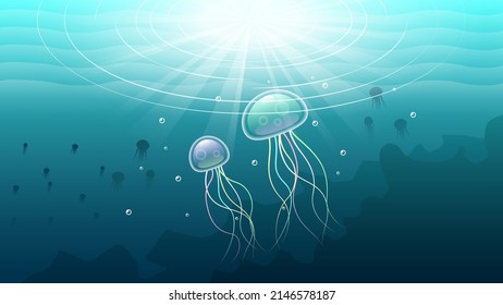 Abstract Blue Underwater Ocean Sea Nature Background Vector With Jellyfish, Fishes, And Shadows Seaweed Vector Design Style