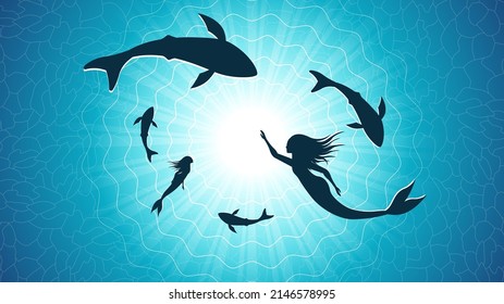 Abstract Blue Underwater Ocean Sea Nature Background Vector With Mermaids  Fishes And Shadows Seaweed Vector Design Style