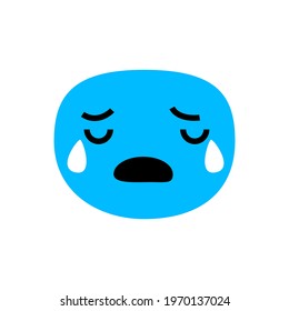 Abstract blue upset face with tears. Character icon design vector illustration isolated on white background. Expression people emotion.