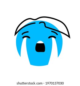 Abstract blue upset face with tears and hair. Character icon design vector illustration isolated on white background. Expression people emotion.