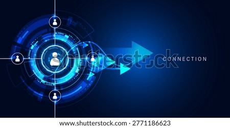 Abstract blue vector background featuring people icons and directional arrows with "Connection" text. Concept for HR strategy, global networking, and business growth.