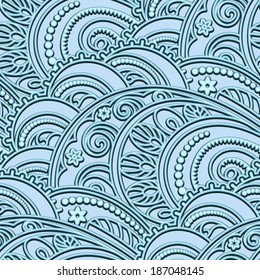 Abstract blue vector background, ornamental waves, seamless pattern