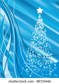 Abstract blue vector christmas background with waves and Christmas tree
