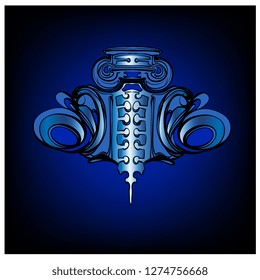 Abstract blue vector element for yoga card design. Colorful template for spiritual retreat or yoga studio. Ornamental business cards, oriental pattern. Vector illustration on dark blue background