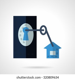 Abstract blue vector icon for rental of property flat style. Door lock with key with house label. Elements of web design for business and website.