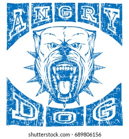Abstract blue vector illustration aggressive dog breed pitbull. Head of pit bull with open mouth and collar with spikes. Inscription angry dog. 