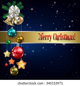 Abstract blue vector illustration with Christmas bells and decorations