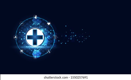 Abstract blue vector illustration with a futuristic concept. Medical treatment consists of blue digital health plus, medical icons such as brain medicine, DNA, medical equipment.