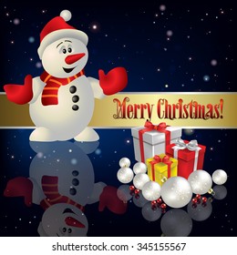 Abstract blue vector illustration with snowman and Christmas gifts