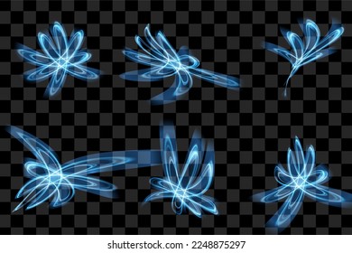 Abstract blue vector light flare effect. Sparkling glowing frame on transparent. Starlight moving background. Glow blurred space for message or logo