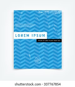 Abstract blue vector modern flyer / cover design template with old scratched vintage look. Old used weathered texture. Chevron pattern