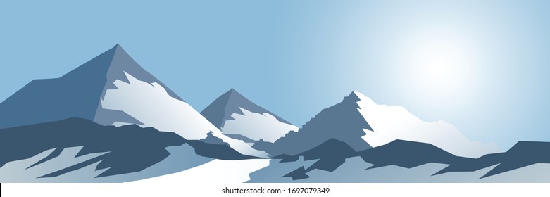 Abstract, blue vector, morning, mountain landscape, lit by the rays of the rising sun. Wallpaper, banner of a mountain resort.