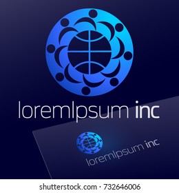 Abstract blue vector sign. Logo for Media, Business, Technology, Corporation. Community of people joined around the globe