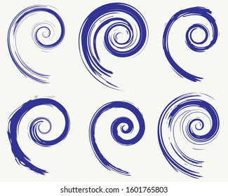 Abstract blue vector spiral elements, radial geometric dry brush strokes patterns