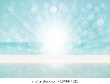 Abstract blue vector summer defocused banner with dots of light. Natural background with blurred sky, sun rays and bokeh, mockup for advertising organic cosmetics or natural product food