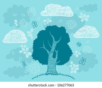 Abstract blue vector tree with clouds and doodles