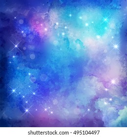 Abstract blue vector watercolor Christmas night background with subtle grunge texture and stars