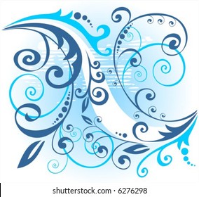 Abstract blue vegetative pattern on a white grunge background.
