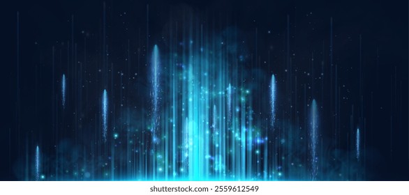 Abstract blue vertical glow. Bright stream of flickering vertical rays of light. Luxurious background for game interface design and vector illustrations.
